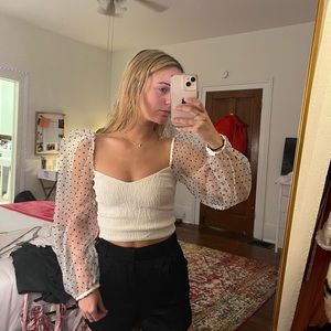 Cropped puffy sheer long sleeve top